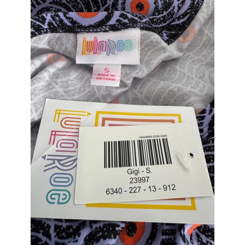 Women's LuLaRoe Gigi Top Size S Black Orange Patterned 3/4 Sleeve